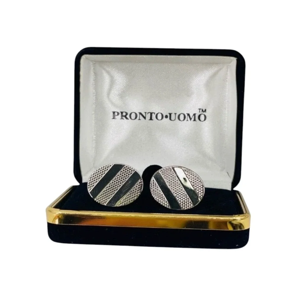 Pronto Uomo Silver Tone Round Cufflinks Diagonal Stripe Textured with Box Mens